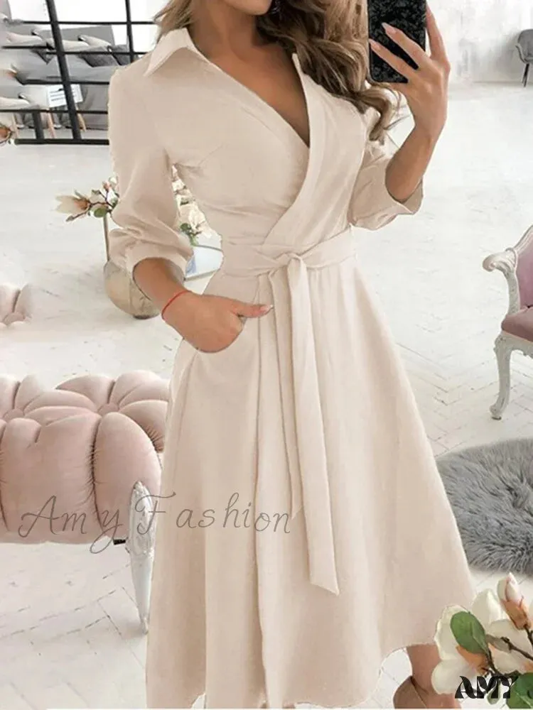 Amy Fashion - Long Sleeve V-neck Belt Pockets Casual Dress