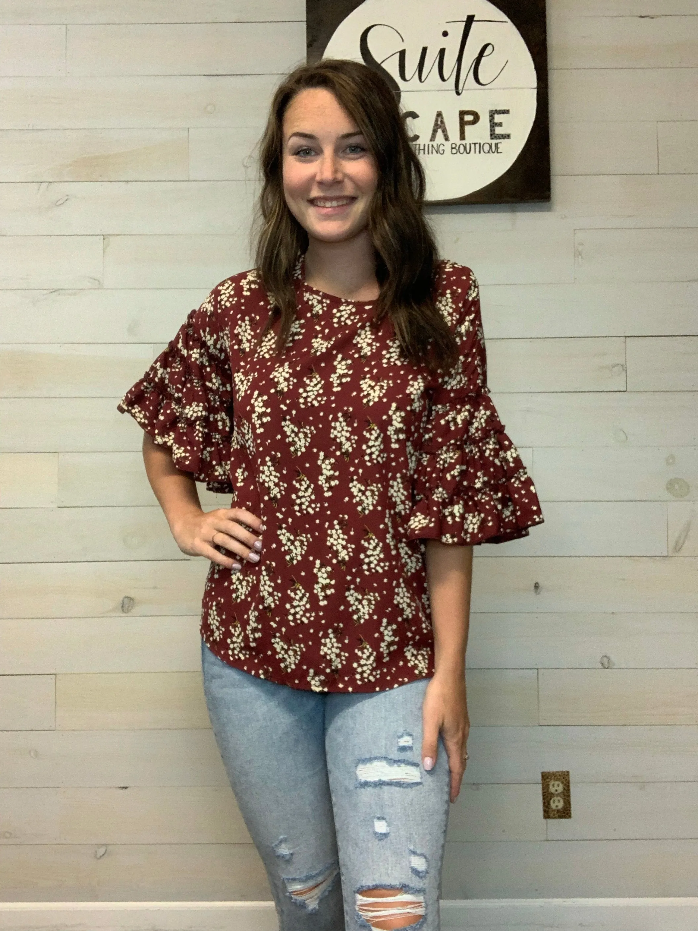 Burgundy Floral 3/4 Sleeve Top