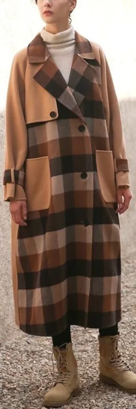 Camel Plaid Paneled Wool Coat