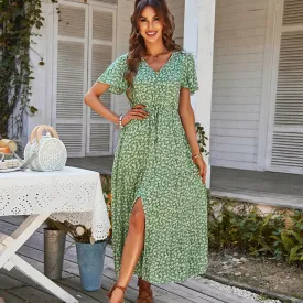 Chic Vintage Floral Summer Dress: Elegant High Waist Slit Maxi for Women