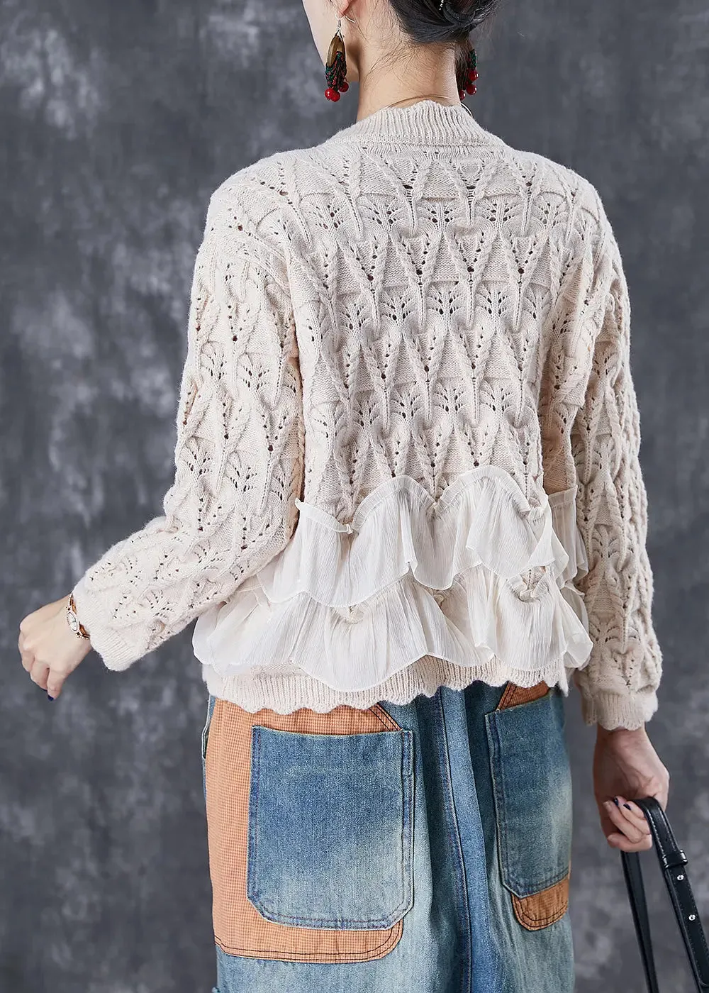 Classy Apricot Ruffles Patchwork Knit Cardigan Two Piece Set Fall ML2994