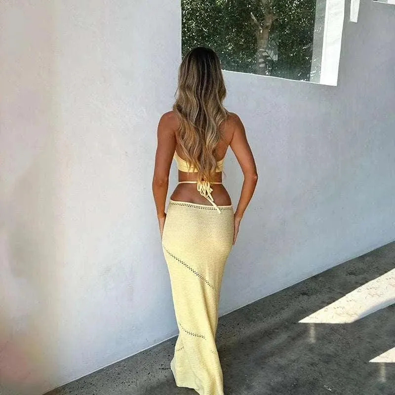Crochet Cover Up - 2024 Backless Halter Maxi Dress, Swimsuit Cover ups