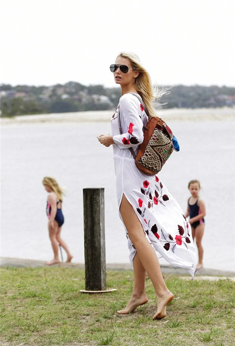 Floral Long Sleeve Split Beach Maxi Dress