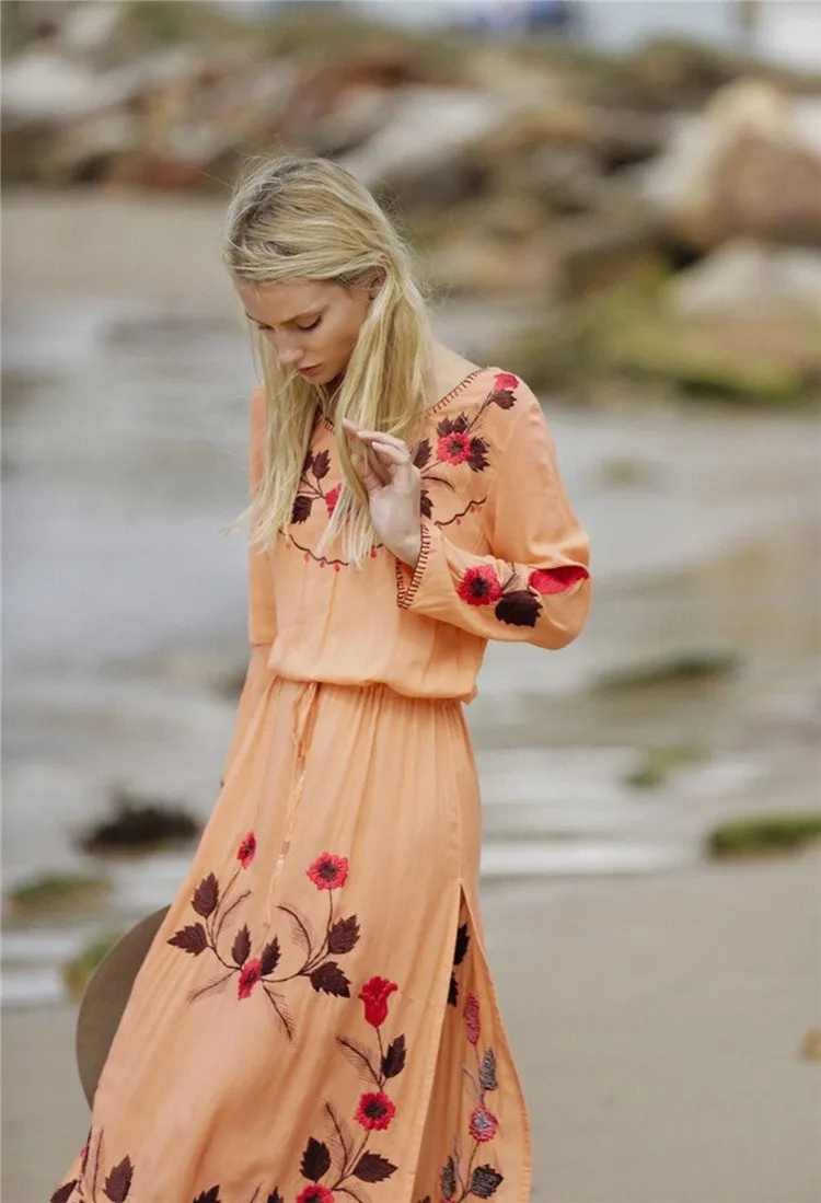 Floral Long Sleeve Split Beach Maxi Dress