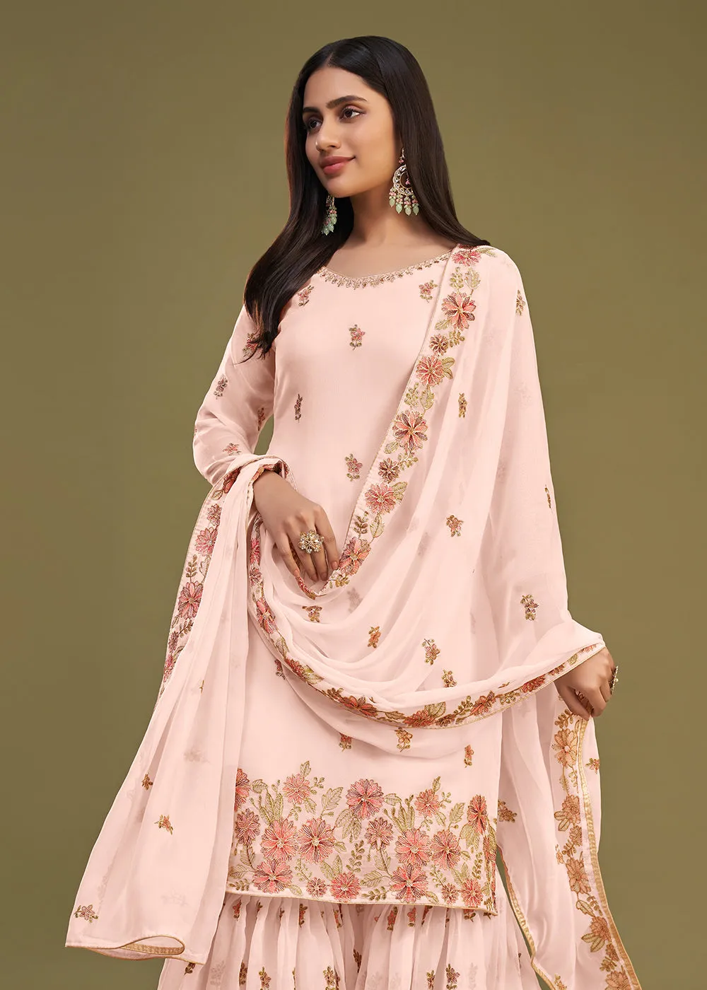 Georgette Peach Multi Thread Embroidered Gharara Suit
