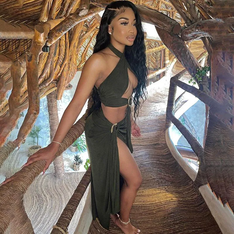 Halter Top And Side Slit Skirt Sets