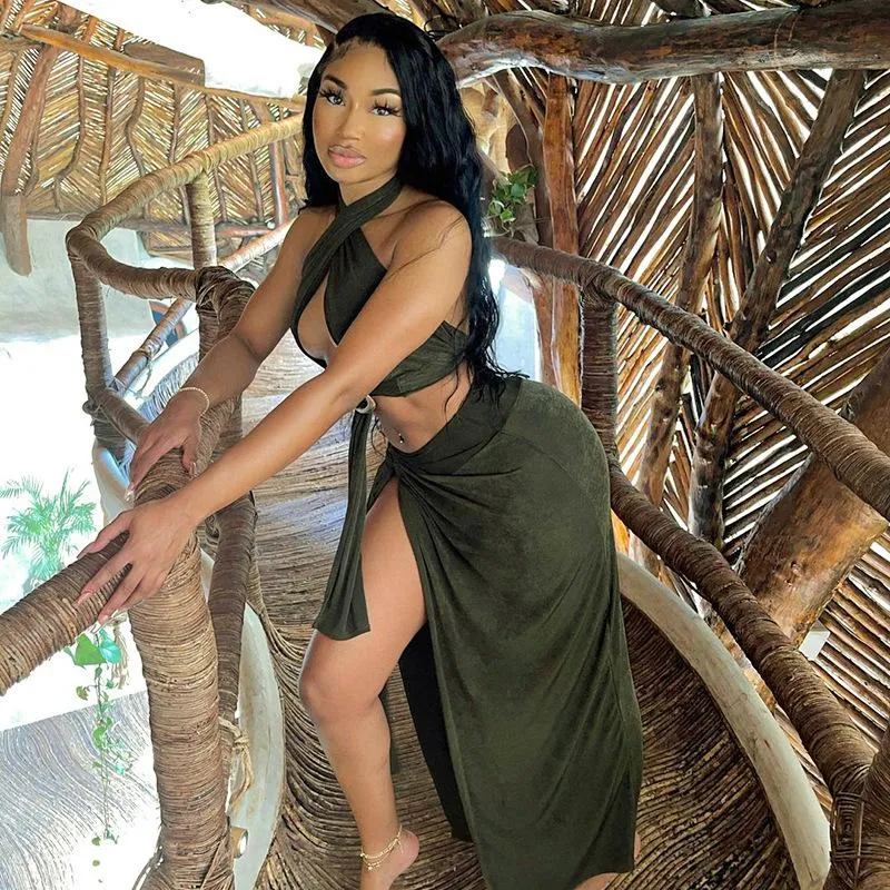 Halter Top And Side Slit Skirt Sets