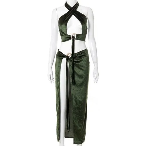 Halter Top And Side Slit Skirt Sets