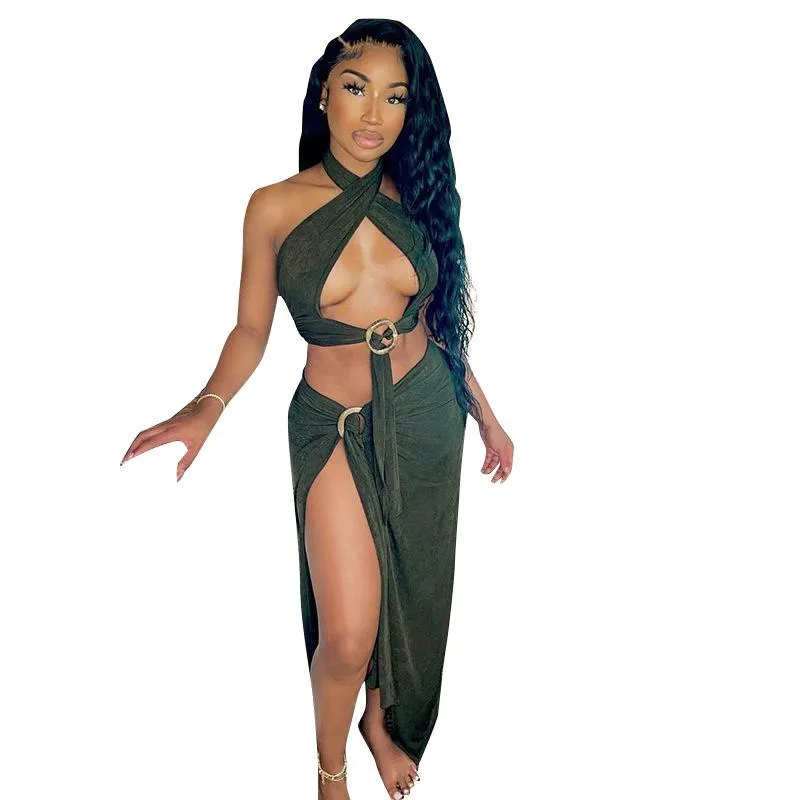 Halter Top And Side Slit Skirt Sets
