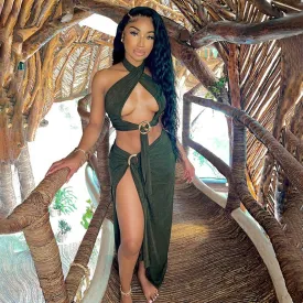 Halter Top And Side Slit Skirt Sets
