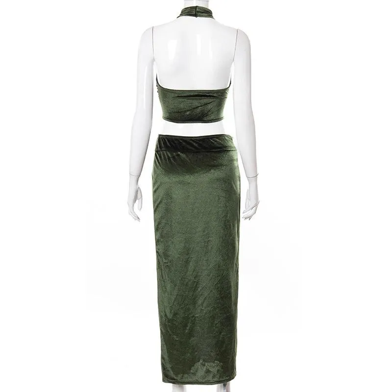 Halter Top And Side Slit Skirt Sets
