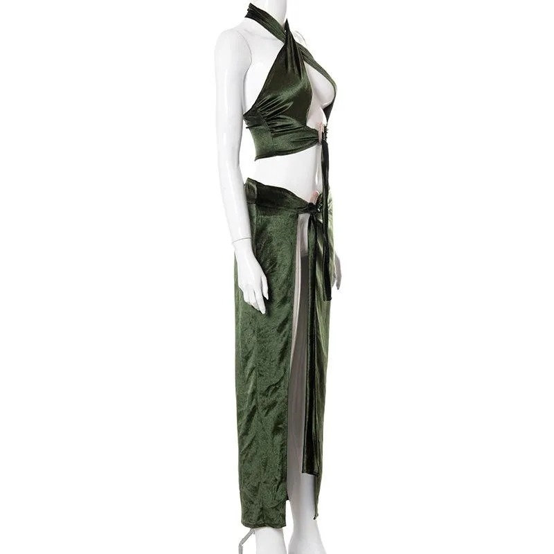 Halter Top And Side Slit Skirt Sets