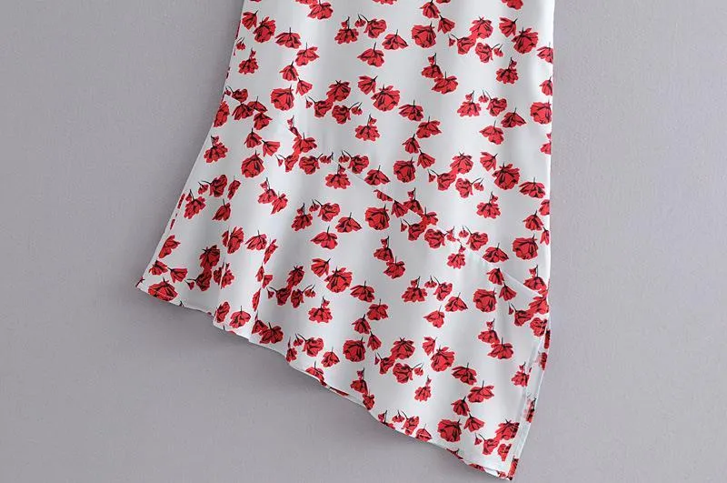 IRREGULAR V-NECK SPAGHETTI STRAPS FLORAL LONG DRESS