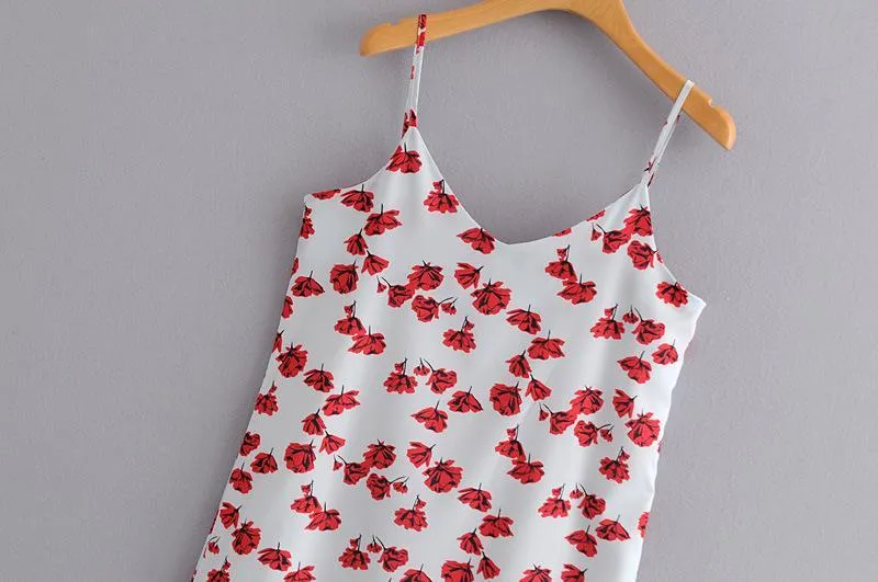 IRREGULAR V-NECK SPAGHETTI STRAPS FLORAL LONG DRESS