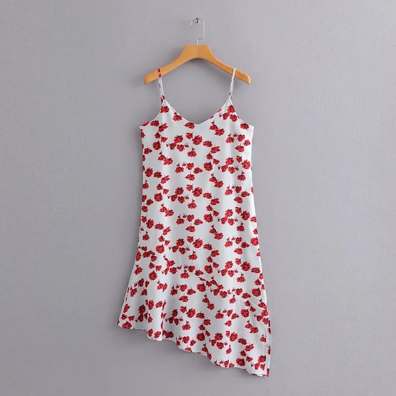 IRREGULAR V-NECK SPAGHETTI STRAPS FLORAL LONG DRESS