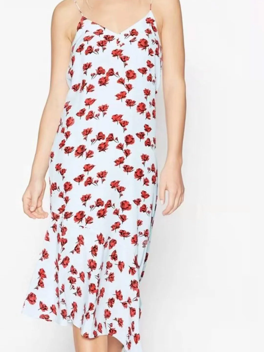 IRREGULAR V-NECK SPAGHETTI STRAPS FLORAL LONG DRESS