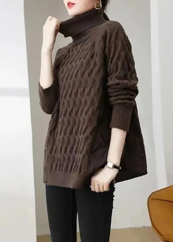 Italian Coffee Hign Neck Zippered Patchwork Knit Sweater Winter ML1019