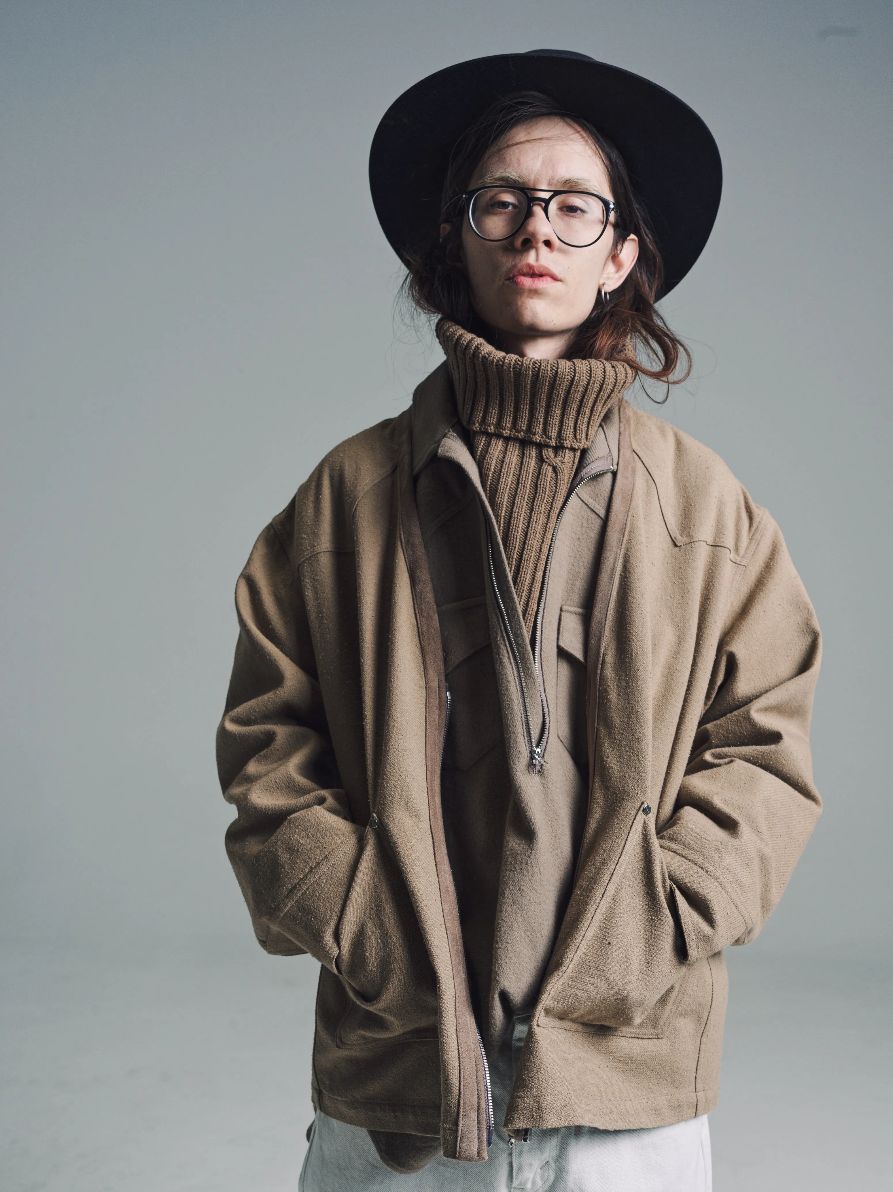 Mocha Cotton Silk Twill Western Collarless Zip Jacket