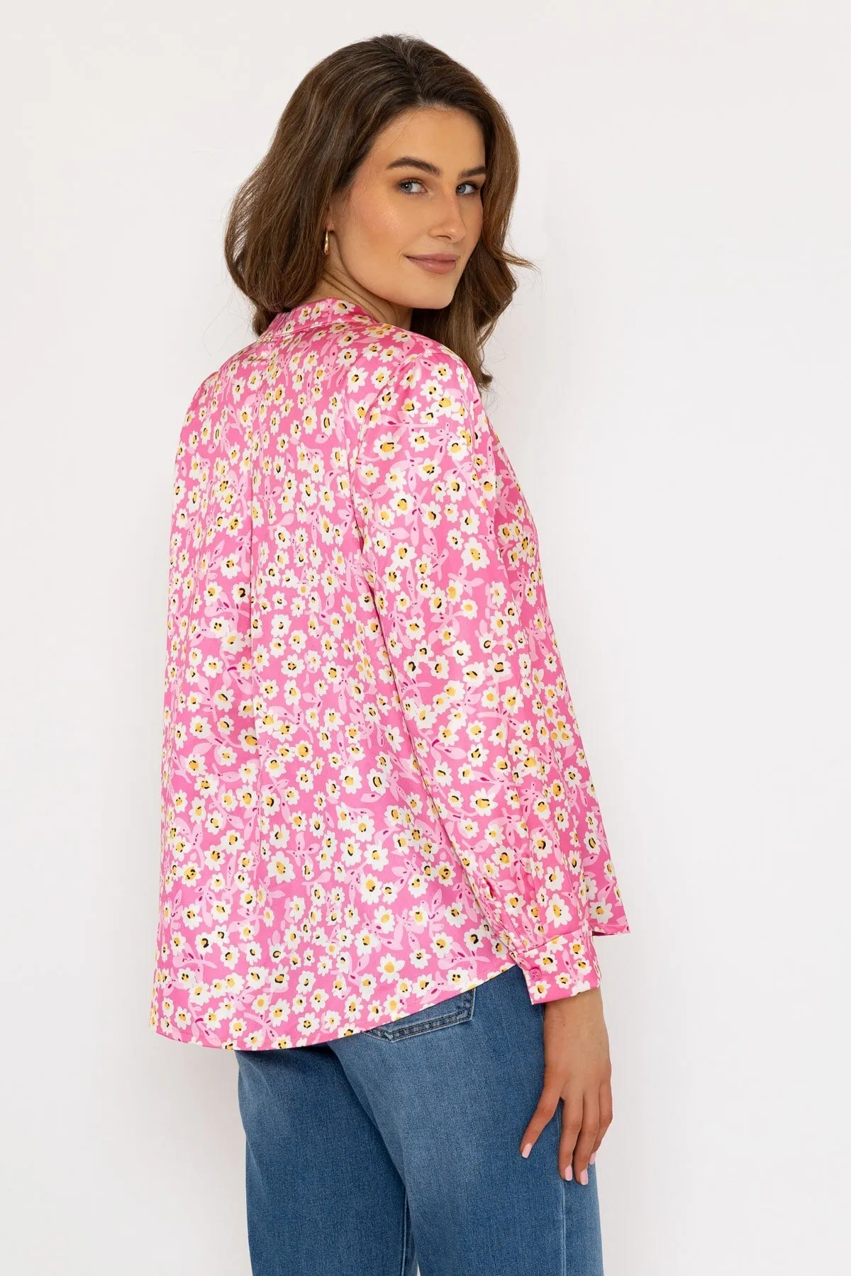 Pink Print Sateen Collarless Shirt