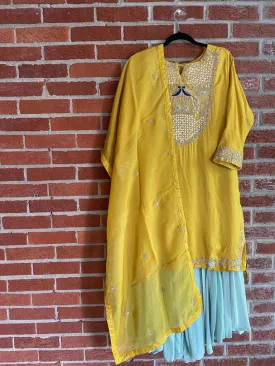 RFSS1111 - Designer Party Wear Suit in Mustard with Peacock Emroidery Gota work on neck. Comes with blue Sharara and Mustard yellow Dupatta